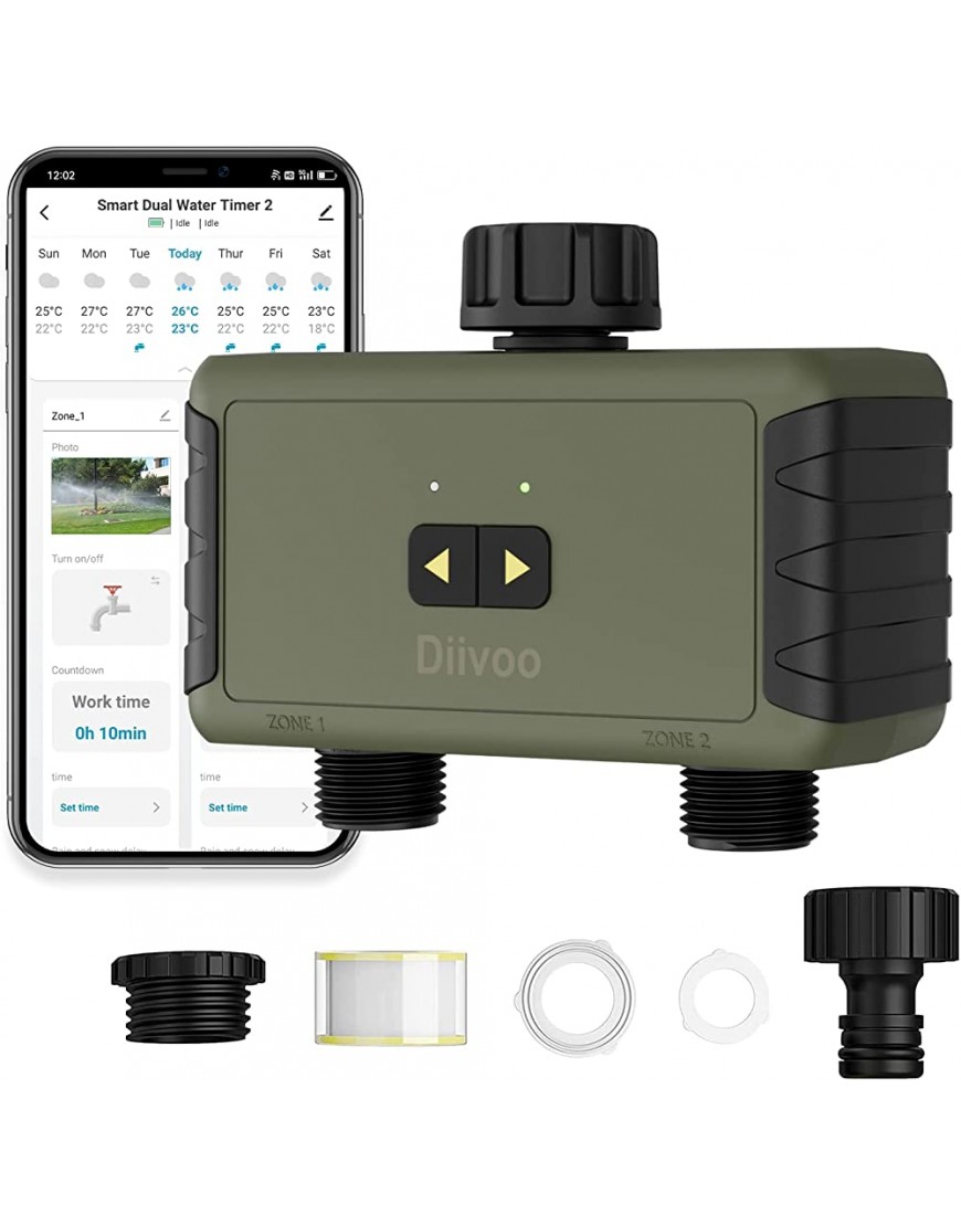 Diivoo Bewässerungscomputer Bluetooth 2 Ausgänge intelligente automatische Bewässerungssteuerung für Garten und Gewächshaus mit App Sprachsteuerung für die Bewässerung - BLARD9MV