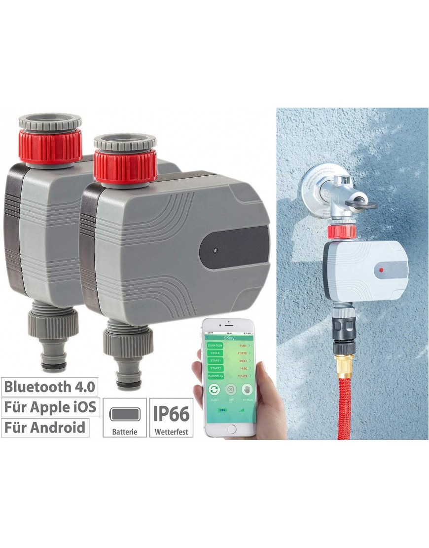 Royal Gardineer Wasserhahn Bluetooth: 2er-Set Bewässerungscomputer mit Bluetooth und App-Steuerung Bewässerungscomputer per App - BSVYRNJB