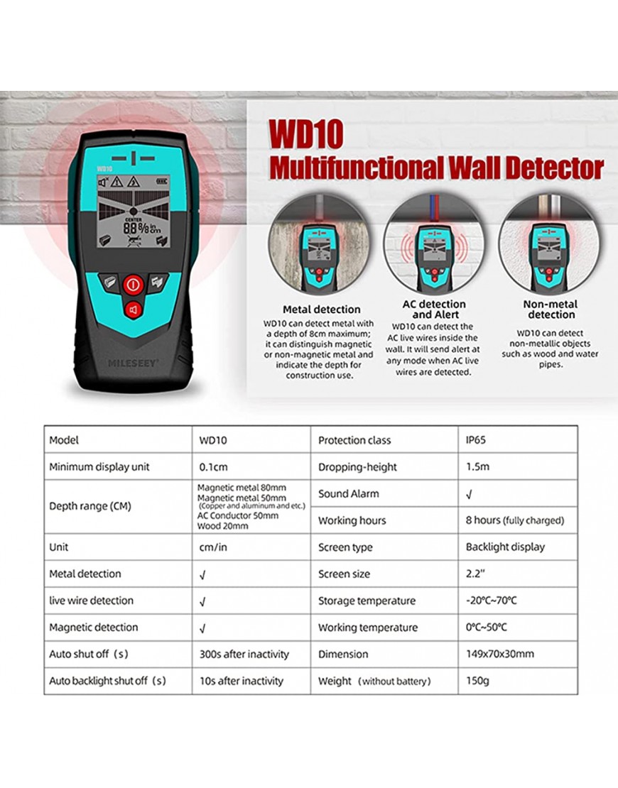 SHALOLY 5 in 1 Wandscanner mit Großflächensensor Bolzendetektor Stromkabeldetektor Holzdetektor Kabeldetektor Wanddetektor mit Alarmfunktion - BGOJP7JK