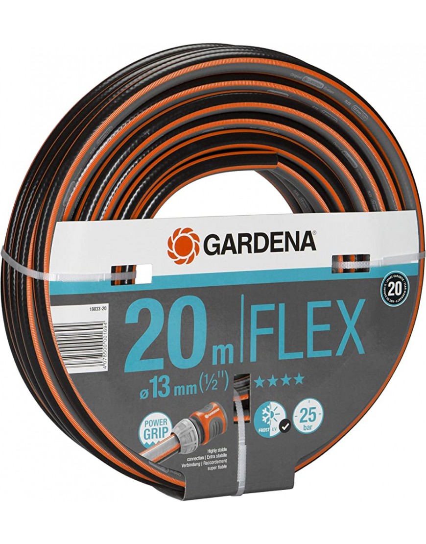 Gardena Comfort FLEX Schlauch 13 mm 1 2 Zoll 20 m: Formstabiler flexibler Gartenschlauch mit Power-Grip-Profil aus hochwertigem Spiralgewebe 25 bar Berstdruck ohne Systemteile 18033-20 - BGCIY7H2