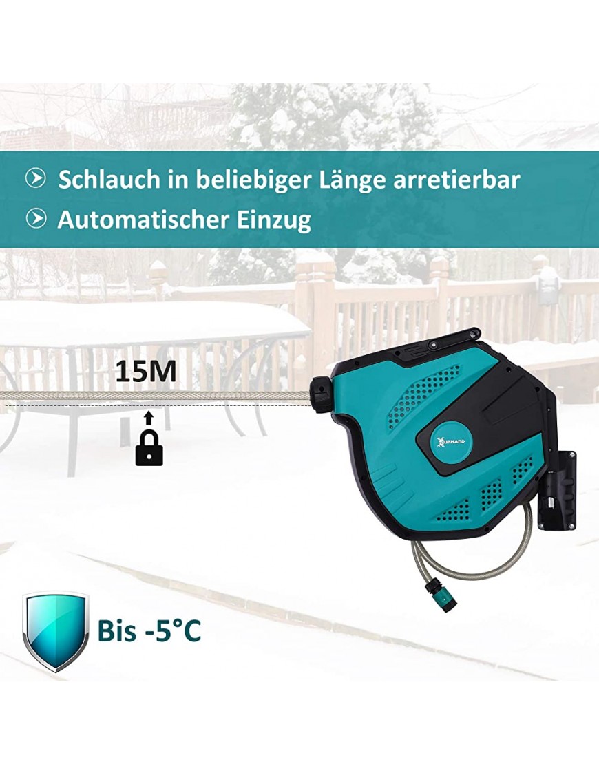 DURHAND Wandschlauchbox Schlauchtrommel 180° schwenkbar mit Multibrause Frostschutz -5–45 °C Kunststoff Grün + Schwarz 15 m - BNUKI5E2