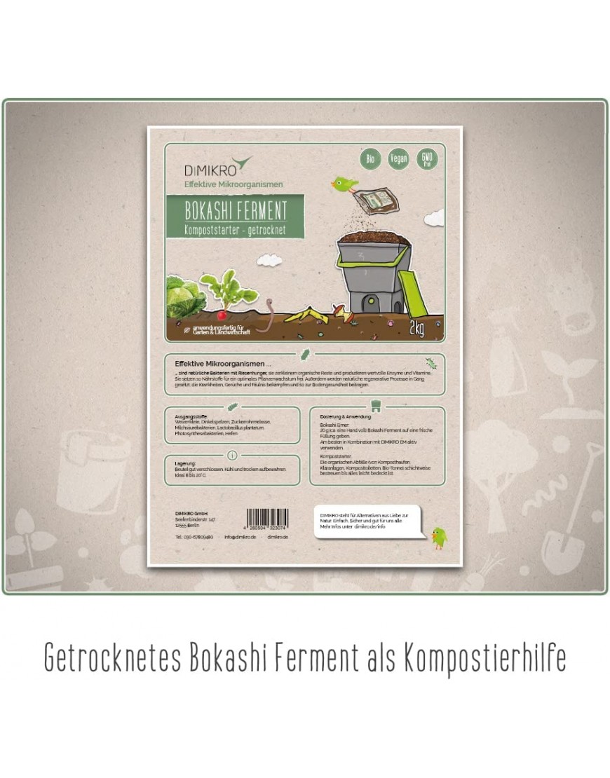 DIMIKRO Bokashi Ferment getrocknet Kompoststarter und Fermentationshilfe für Bokashi Eimer Mit Effektiven Mikroorganismen 2 Kg - BWEWOV3M