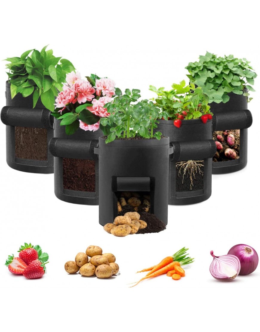 Potato Grow Bag 5-Pack 10 Gallonen Vegetable Grow Plant Bags mit Sichtfenster und Griffen für Gemüse Obst Blumen Kartoffel Schwarz - BWMLLH3A