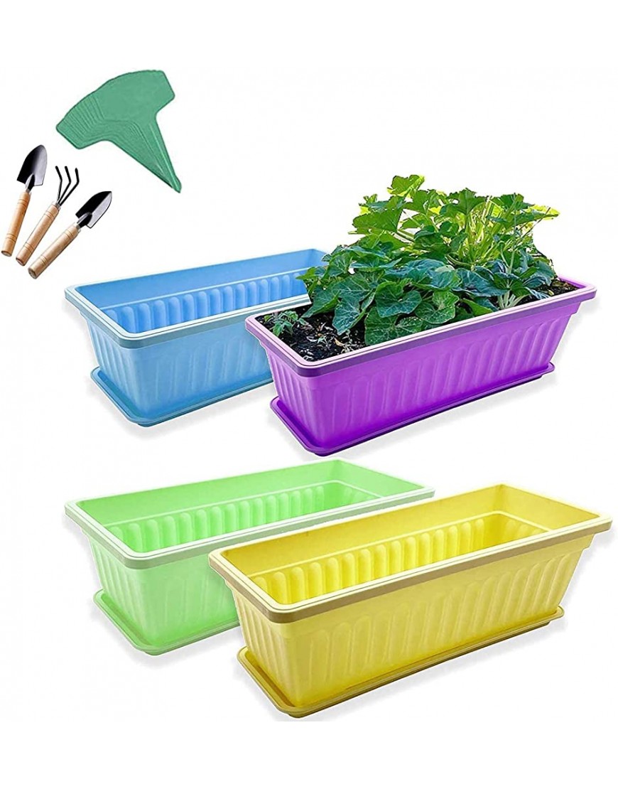 ADLOASHLOU 4 Packungen 17 Zoll rechteckige Fenster Blume Box Pflanzer mit Tablett Kunststoff Gemüse Anbaubehälter mit 15 Stück Pflanzenetiketten für Balkon Fensterbank Garten - BUVZSJ19