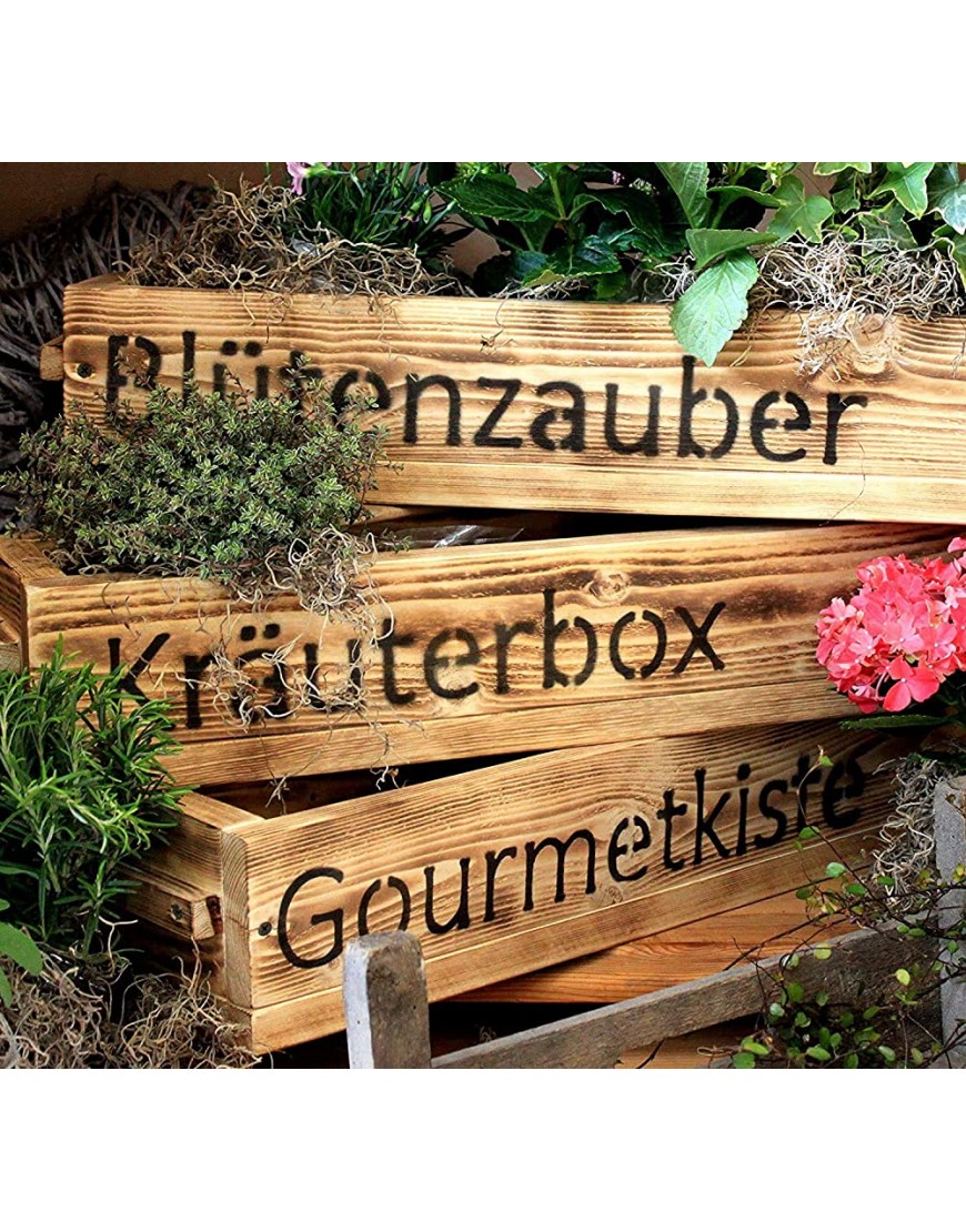 Dekorie Blumenkasten aus massiven Holz mit Kräuterbox Schriftzug Farbe: geflammt Maße HxBxT: 12 cm x 60 cm x 15 cm hübsche Blumenkisten für Balkon Garten oder im Haus - BXMBI7Q7