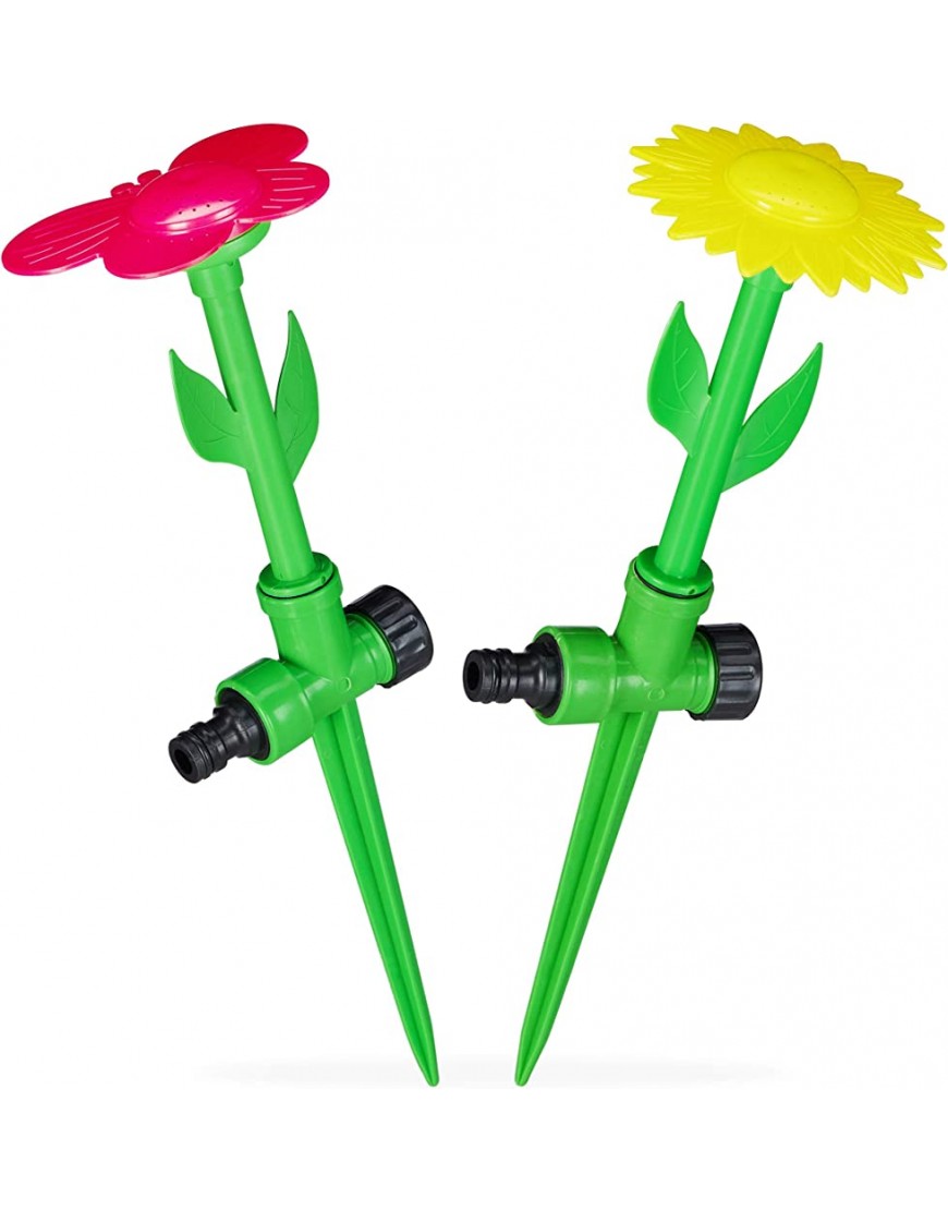 Relaxdays Sprinkler Blume 2er Set Spritzblume Garten Rasensprenger Kinder mit Erdspieß HxD: 34 x 10 cm rot gelb - BYAGSBKN